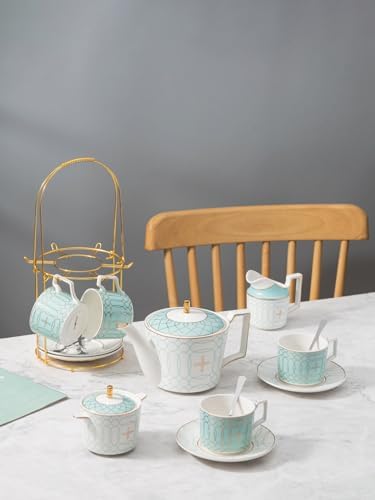 Serve of 4-Blue Teacup Set, with Teapot-Sugar Bowl-Creamer and Holder - Image 2