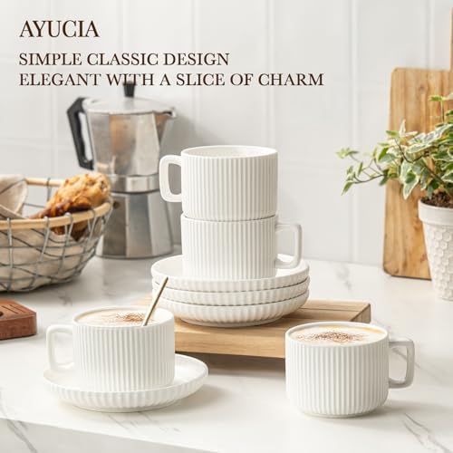 8 Ounce Cappuccino Cups Set of 4, Latte Mugs with Saucers and Spoons, White Cream Ceramic Coffee Mugs Tea Cups for Cappuccino Latte Mocha Au Lait Macchiato Cafe - Image 2