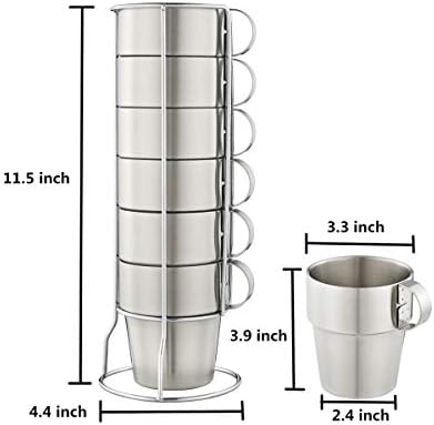 Stackable Stainless Steel Coffee Cups, Insulated Tea Cups with Stainless Steel Handle, Double Walled Insulated Coffee Mug, Keep Drinks Hot or Cold Longer, Metal Stand, Set of 6 - Image 6