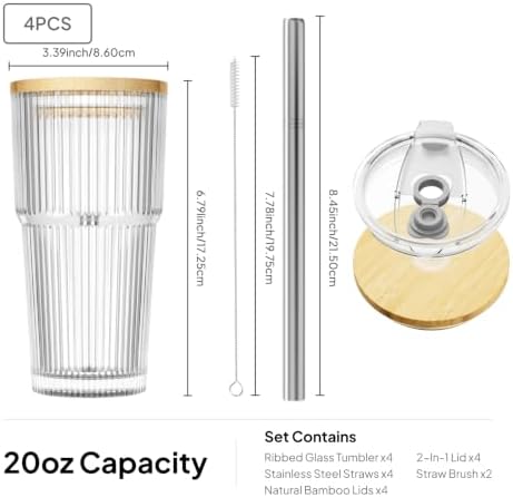 KEMORELA 20oz Ribbed Glass Tumblers with Bamboo Lids & Straws, Boba Cups - Image 3