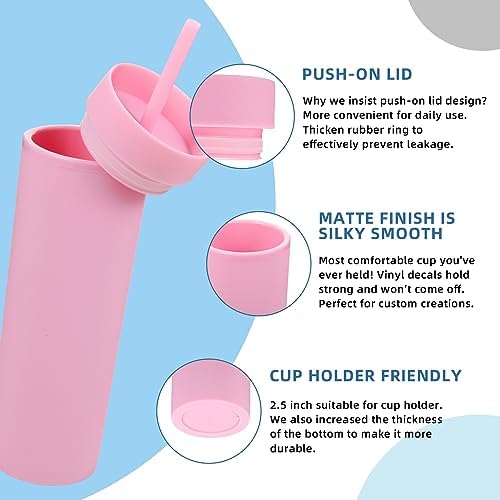 Volhoply 16oz Plastic Skinny Tumbler with Lid and Straw Bulk 8 Pack,Insulated Double Wall BPA Free Matte Acrylic Tumblers,Iced Coffee Travel Reusable Party Cup,Customizable Diy Gifts(Assorted,8 Set) - Image 4