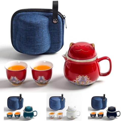 SHELFLOVER Beautiful Tea Mug Portable Set, White Porcelain Easy to Clean Keep Tea Hot Long, Easy Carried Travel/Office/Home Drink, Cute Cat, Red, 10oz by SHELFLOVER