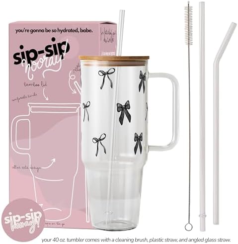 Sip-Sip Hooray! Dark Bows Coquette 40oz Glass Tumbler with Lid and Straw - Image 2