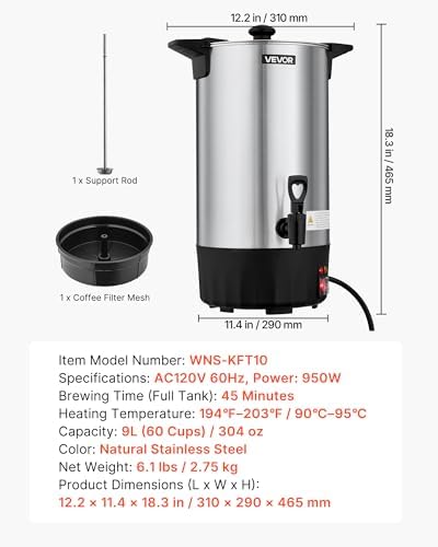 VEVOR Commercial Coffee Urn 60 Cups, 9.5 qt Hot Beverage Dispenser - Image 7