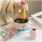 6PCS Pink Ceramic Matcha Bowl With Spout Handmade Flower Whisk Tool Gift Set - Image 4