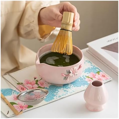 6PCS Pink Ceramic Matcha Bowl With Spout Handmade Flower Whisk Tool Gift Set - Image 4