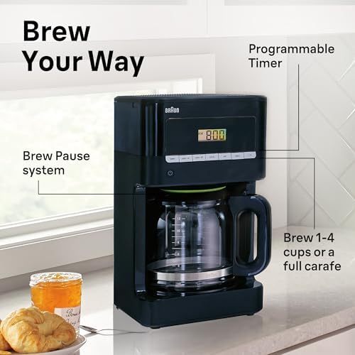 Braun Brew Sense 12 Cup Drip Coffee Maker - Pause & Pour Mid Brew, Programmable Coffee Machine with 24-Hour Timer & Clock, 1-4 Cup Functions, Self Clean, Auto Shutoff, Removable Filter Basket, Black - Image 4