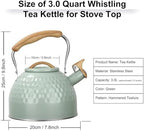 Phyllia Tea Kettle -3.L Whistling Tea Kettle for Stove Top Stainless Steel Tea Pot Stovetop Food Grade Water Kettle with folding Handle for Coffee Tea Milk Hot Water Kettle Pot -Patterned Green - Image 3