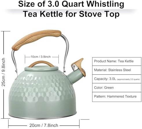 Phyllia Tea Kettle -3.L Whistling Tea Kettle for Stove Top Stainless Steel Tea Pot Stovetop Food Grade Water Kettle with folding Handle for Coffee Tea Milk Hot Water Kettle Pot -Patterned Green - Image 3