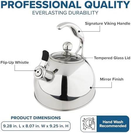 Viking 3-Ply Stainless Steel Tea Kettle, 2.6 Quart Stovetop Hot Water Pot with Tempered Glass Lid, Ergonomic Handle, Induction Ready, Mirror Finish - Image 6
