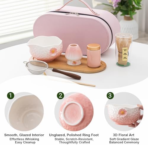 8-Piece Matcha Set - Portable Travel Tea Gift Box (Chawan, Bamboo Whisk, Chashaku, Sifter, Tea Caddy, Plate, Carry Bag) - Matcha Whisk Set (Pink) - Image 2