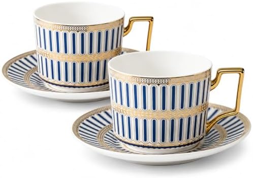 8.45oz European Ceramic Coffee Cup & Saucer Set of 2 with Handle & Gold Spoons, Stripe with Gold Accents, for Latte, Tea, Cappuccino, Gift Boxed for Tea Party, Housewarming Gift (two blue) by CABILON