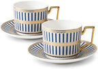 8.45oz European Ceramic Coffee Cup & Saucer Set of 2 with Handle & Gold Spoons, Stripe with Gold Accents, for Latte, Tea, Cappuccino, Gift Boxed for Tea Party, Housewarming Gift (two blue) by CABILON