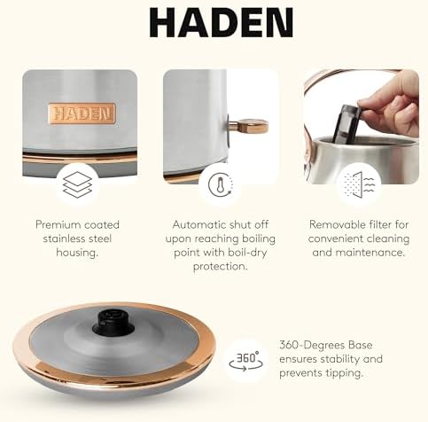 Haden Heritage 1.7 Liter Stainless Steel Electric Kettle, Hot Water Kettle with 360-Degree Base and Auto Shutoff, Steel & Copper - Image 3