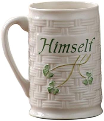 Belleek Classic Himself & Herself 12 oz Irish Coffee Mug Set, Handcrafted Parian China Cups, Shamrock Design, Set of 2, White - Image 4