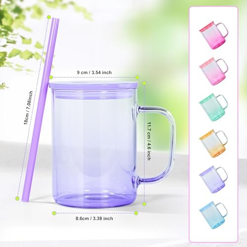AGH 6 Pack Gradient Colorful Glass Sublimation Cups with Lid and Straw, 16oz Glass Tumblers with Handle - Image 6