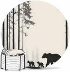 Coasters for Drinks Set of 8 with Holder Abstract Forest Walking Bear Silhouette Natural Scenery Ceramic Cup Mat, Absorbent Ceramic Stone Coasters with Cork Base for Coffee Cups Home Decor 4 Inch by Daleng