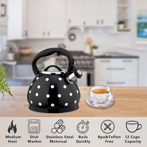 2026 Upgraded Whistling Tea Kettle Stovetop, 3.2qt 304 Stainless Steel Teapot with Polka Dot Design, Retro Cool Touch Teakettle for Gas Induction Electric Stove Black/White 3.2 Quarts - Image 4