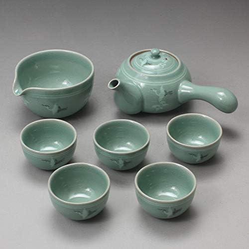 Korean Style Celadon Porcelain Crane Bird Cloud Design Tea Ceremony Complete Service Gift Set Ceramic Pottery 11.8 oz (350ml) Side Handle Tea Pot Cups Teapot Pitcher Bowl for Cooling Hot Water - Image 2