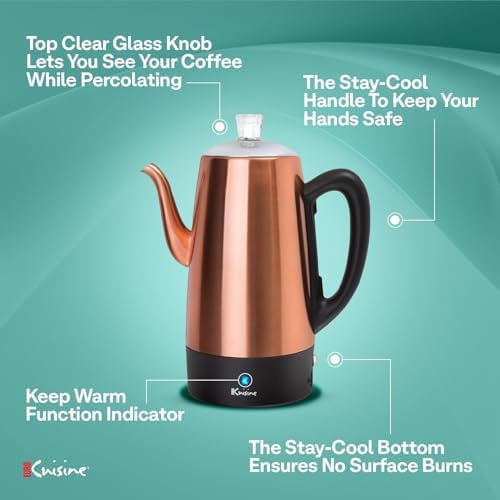 Euro Cuisine PER12 Stainless Steel Electric Coffee Percolator, 12 Cup, Polished Copper Finish, Dripless Gooseneck Spout, Clear Glass Knob, Brewing Indication, Keep-Warm Function, Detachable Cord - Image 4
