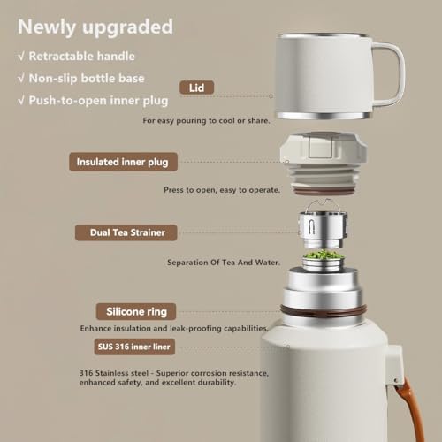 316 Stainless Steel Water Bottle 50 oz with Lidded Cup - Keep 24+ Hrs Warm for Hot & Cold Drinks - Leakproof Vacuum Insulated Thermal Flask with Handle for Travel Coffee - Image 3