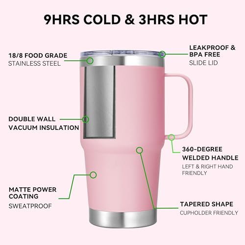 20 oz Stainless Steel Tumbler with Handle Bulk Metal Insulated Tumblers Travel Coffee Mug with Handle Double Wall Tumbler Cup with Lid and Straw, Pink 12 Pack - Image 3