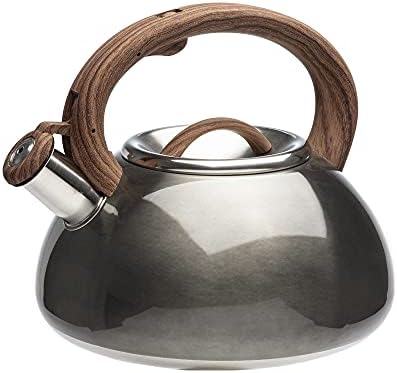 Primula Avalon Whistling Stovetop Tea Kettle, Food Grade Stainless Steel Wide Mouth, Fast to Boil, Cool Touch Handle, 2.5-Quart, Gunmetal Grey and Wood-Look by Primula