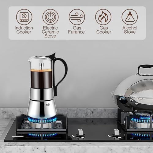 6 Cup Glass Transparent Moka Pot Stainless Steel Uncoated Stovetop Espresso Maker Italian Coffee Makers Mocha Greca Machine Cafe Classic Induction Cookers for Home Camping 350ml - Image 5