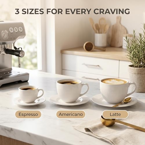 Elegant Ribbed Ceramic Cup and Saucer Set, White, 3 Sizes - Image 5