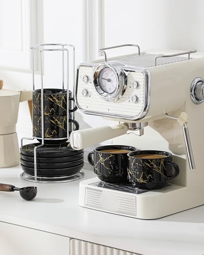 MALACASA 8 OZ Porcelain Espresso Cups with Saucers and Metal Stand Set of 4, Stackable Cappuccino Cups, Marble Black Expresso Shots Cup Set for Coffee Drinks, Latte, Tea - Image 6