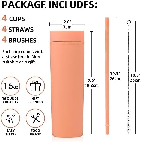Volhoply 16oz Plastic Skinny Tumbler with Lid and Straw Bulk 10 Pack,Insulated Double Wall BPA Free Matte Acrylic Tumblers,Iced Coffee Travel Reusable Party Cup,Customizable Diy Gifts(Orange,10 Set) - Image 2