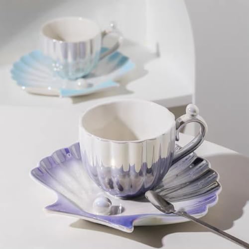 Pearl Shell Cup and Saucer - 8oz Gradient Ceramic Coffee Mug, Vintage Tea Cup, Cappuccino Cup, Latte Art Cup for for Afternoon Tea, Birthday Gift (PURPLE) - Image 6