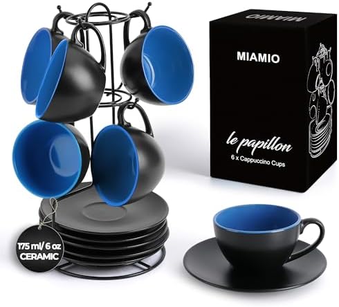 MIAMIO - Set of 6, Ceramic Stackable Cappuccino Cups Set / 6 Ounce Cappuccino Mugs and Saucer with Metal Stand for Coffee Drinks, Cafe, Latte, Americano and Tea - Le Papillon Collection (Blue) by MIAMIO
