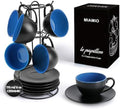 MIAMIO - Set of 6, Ceramic Stackable Cappuccino Cups Set / 6 Ounce Cappuccino Mugs and Saucer with Metal Stand for Coffee Drinks, Cafe, Latte, Americano and Tea - Le Papillon Collection (Blue) by MIAMIO