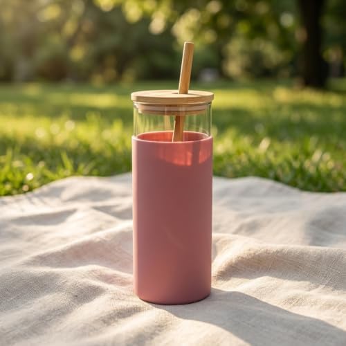 Glass Tumbler with Bamboo Lid and Straw, 20oz Borosilicate Glass Water Bottle, Reusable Iced Coffee Cup with Silicone Sl - Image 7