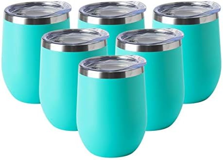 HASLE OUTFITTERS 12oz Wine Tumbler with Lid Stemless Wine Glasses Double Wall Vacuum Travel Mugs stainless steel Coffee Cup for Cold & Hot Drinks Wine Coffee Cocktails Beer 6 Pack Light Blue by HASLEOUTFITTERS