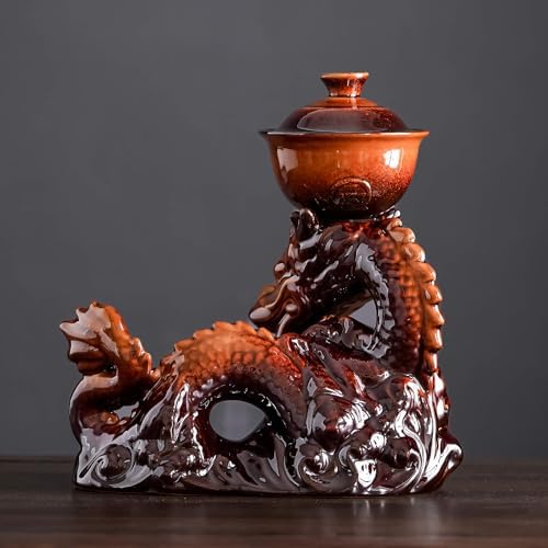 Ceramic Teapot with Infuser Semi Automatic Tea Set Magic Teapot with 8 cups Gradient Color (Yellow Dragon- C) - Image 5