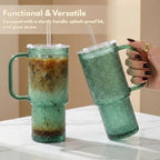 20 oz Green Glass Tumbler with Lid and Straw, Glass Iced Coffee Cups, Spill-proof Glasses Tumbler with Handle, Hobnail Glasses Drinking Set of 2, Vintage Glassware for Cocktail, Smoothies - Image 3