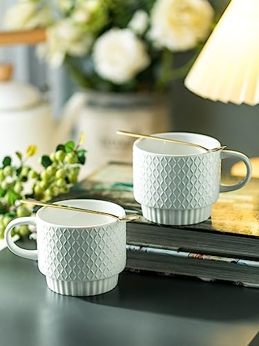 LYEOBOH Stackable Coffee Mugs with Rack, 13 oz Ceramic Coffee Mug Set of 4 with Stand, Latte Cup with Spoon, Cappuccino Cups for Hot Cocoa, Milk, White - Image 6
