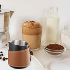 Handleless Milk Frothing Cup Slanted Mouth Latte Cup Milk Frothing Pitcher Stainless Steel Milk Frother Jug with Leather Case - Image 6