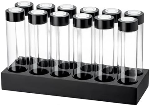 Set of 12, Coffee Bean Cellars with One-Way Exhaust Gate, Bean Storage Clear Glass Vaults, Includes Display Stand and Silicone Funnel by Unknown