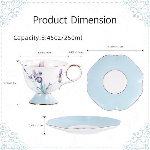 KAMMAK Ceramic Coffee Cups Saucers Set of 2, Porcelain Espresso Cups with Saucers, 8.45 oz Handcrafted Elegant Bone China Tea Cups, Iris Flower & Butterfly Pattern Teacup for Party, Office, Gift - Image 2