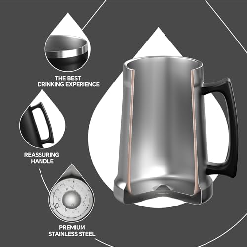 Ideus Insulated Beer Stein, 24/34oz Stainless Steel Double Walled Beer Mug Giant Bar Drinkware Metal Beer Cup with Big Grip Handle (Black, 34oz (1,000ml)) - Image 3
