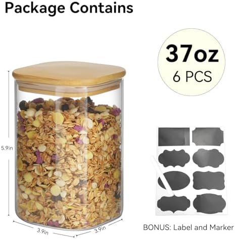 6 Pack Glass Pantry Storage Jars - 37oz Airtight Food Storage Containers Set with Bamboo Lid Labels, Square Kitchen Pantry Canister Organizers for Cookies Candy Coffee Bean Sugar Tea Spice Cereal - Image 2