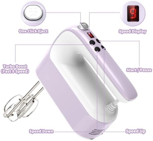 Yomelo 9-Speed Digital Hand Mixer Electric, 400W Powerful DC Motor, Hand Mixer Electric Handheld with Snap-On Storage Case, 5 Stainless Steel Accessories, Beaters, Dough Hooks, Whisk(Lilac Purple) - Image 2