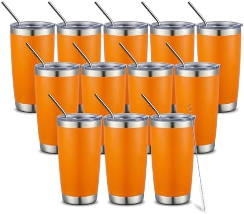 COMOOO 20oz Double Wall Vacuum Insulated Travel Mug Bulk Stainless Steel Tumbler with Lid and Straw Durable Powder Coated Insulated Coffee Cup for Cold & Hot Drinks (Orange, 12 pack by COMOOO
