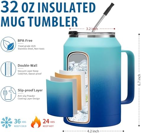 32/50 oz Travel Coffee Mug Tumbler - w/Handle and Straw, 32oz Stainless Steel Mugs with Lid, Insulated Tumblers Cup Keep Cold-36H Hot-24H, Reusable Home Office Work Wide Mouth Water Bottle - Image 2