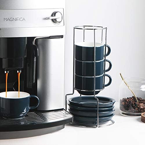 Sweejar Porcelain Cappuccino Cups with Saucers and Metal Stand, 8 Ounce Stackable Espresso Cups for Specialty Coffee Drinks, Latte, Americano, Tea - Set of 4 (Navy) - Image 5