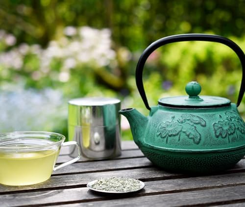 Zen Minded Traditional Japanese Cast Iron Tetsubin Stovetop Teakettle Teapot with Stainless-steel Mesh Loose-leaf Filter for Green Tea & Infusions 900ml Lotus Pattern - Emerald Green - Image 6