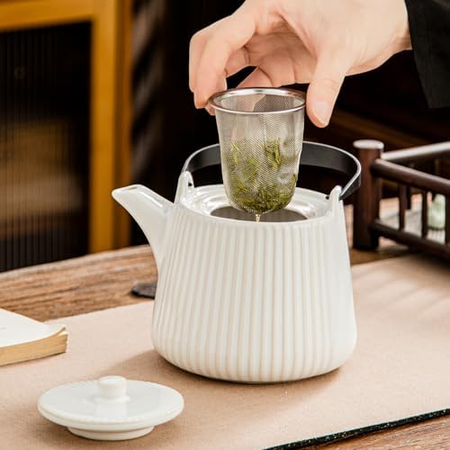 Yundu Ceramic Teapots for Tea, 1000ml/33.8oz Tea Pot with Infusers for Loose Tea, Striped Tea Pot with Removable Tea Infuser - Reactive White - Image 4